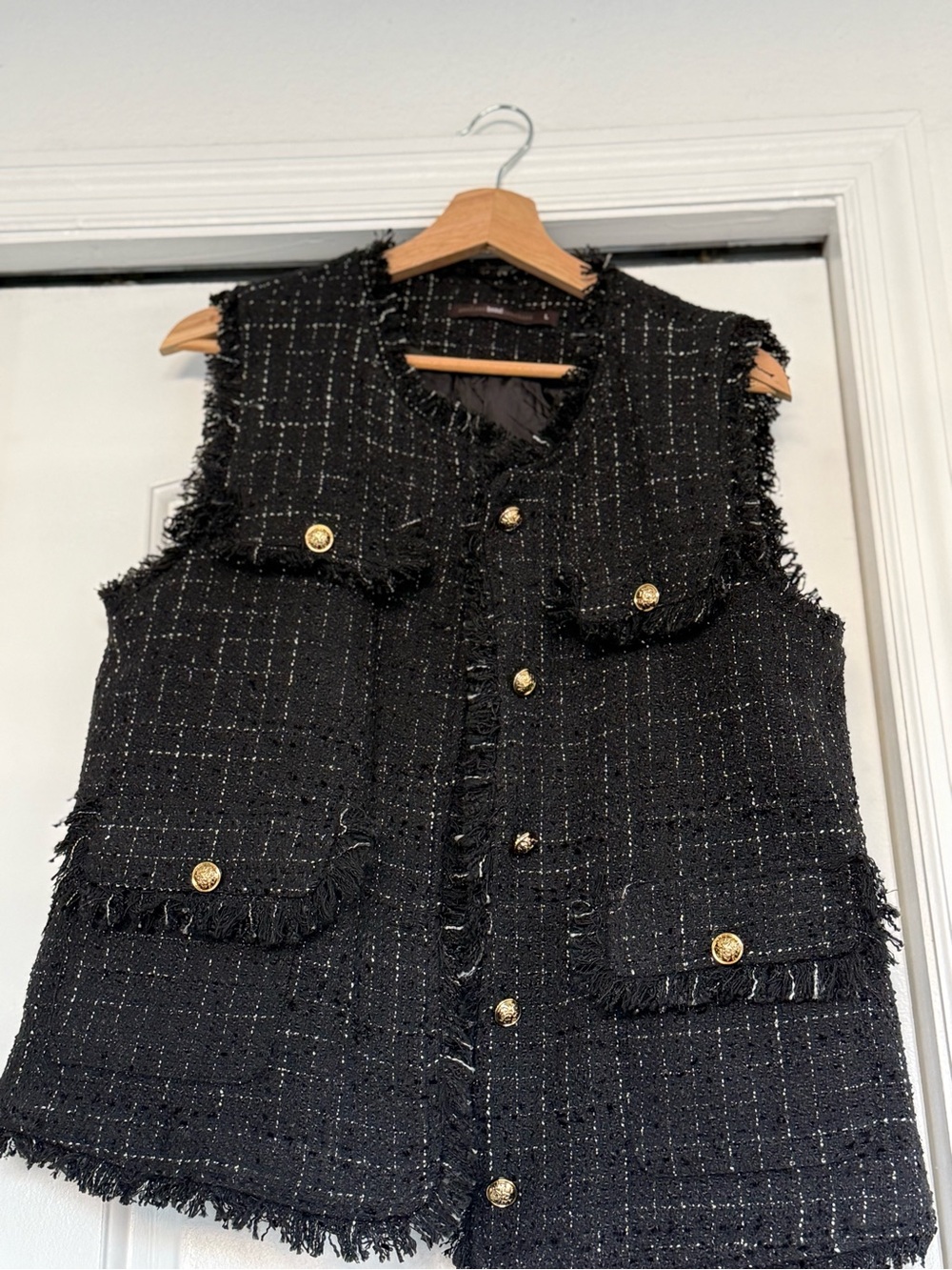 hazel Black Tweed Fringe Vest with Metallic Accents